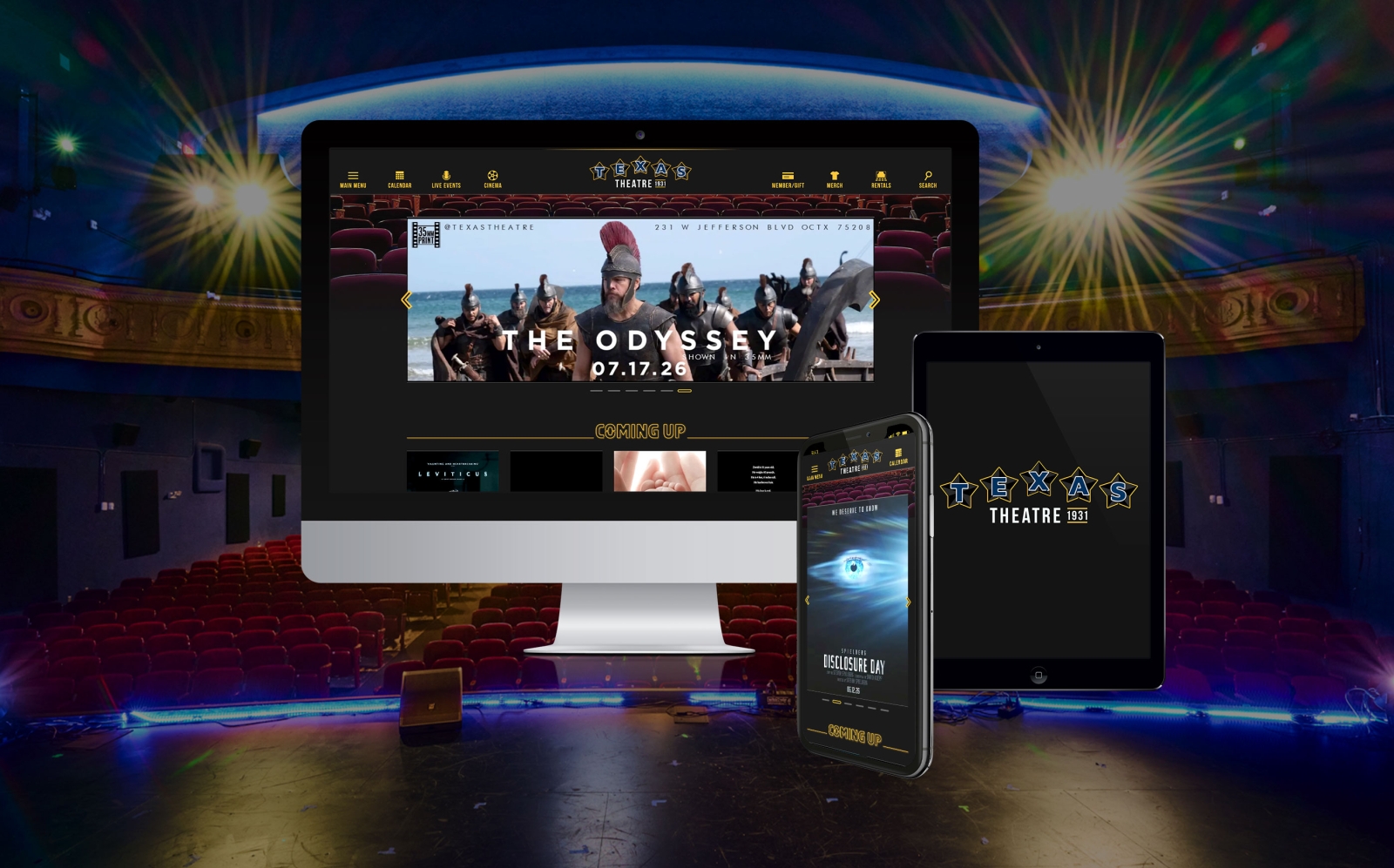 Texas Theatre desktop, tablet and mobile website display