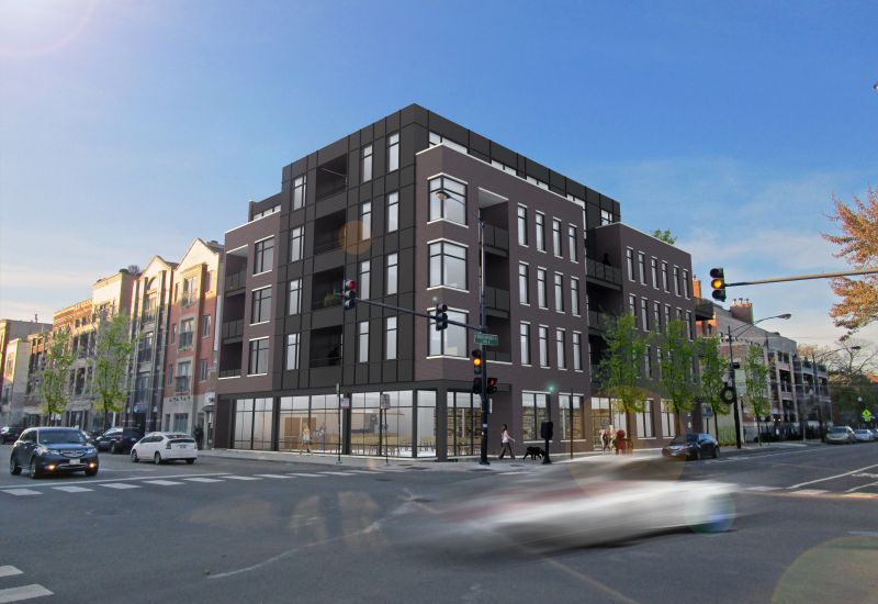 Luxury apartment building rendering at corner of Southport and Belmont