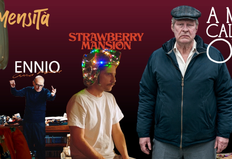 Window banner promoting films distributed by Music Box Films featuring A Man Called Ove and L'Immenstia