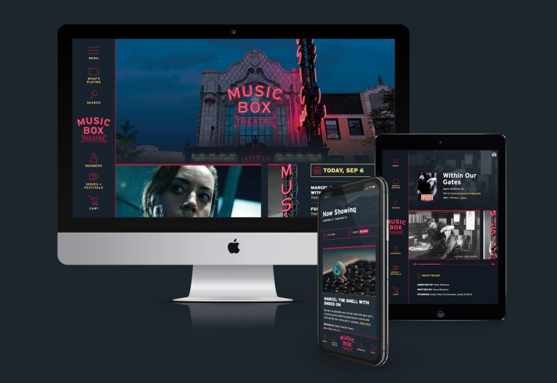 Screenshots of the Music Box Theatre website on desktop, tablet and mobile devices with the brand identity applied.